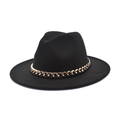 Classic black wide brim fedora hat featuring a stylish chunky gold chain decoration - M (56-58cm) / Black