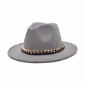 Dark grey wool fedora hat with flat brim and gold chain band decoration on white background - M (56-58cm) / Light Gray