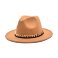 Elegant camel wool fedora hat with gold chain band and flat wide brim for women - M (56-58cm) / Camel