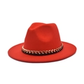Detail of red wool fedora featuring a bold gold metal chain and black leather trim - M (56-58cm) / Orange Red
