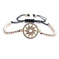 Macro detail of sun charm with colorful zircons on adjustable tricolor beaded bracelet - Mixed Color Bead Chain Sun Wheel / Multicolor/Gold