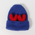 Thick navy blue knit beanie featuring red plush heart decorations for winter warmth - Elastic (56-60cm) / Sapphire Blue