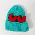Lake blue knitted beanie featuring cute red heart patches for cozy winter fashion wear - Elastic (56-60cm) / Sky Blue