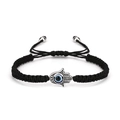 Macro detail of hand-woven black cord bracelet with silver Hamsa hand and blue evil eye bead - Hamsa Hand / Black