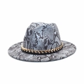 Close-up of snake print fedora hat with elegant gold metal chain band detail - M (56-58cm) / Blue