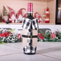 Christmas wine bottle cover in black and white plaid with burlap collar and belt - Black and White Plaid