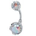 Silver navel ring with round rainbow zircon stones in crown setting on white background - AB Color Zirconia