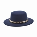 Detail of navy blue wool felt boater hat featuring a bold gold link chain decorative band - M (56-58cm) / Navy Blue