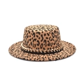 Fashionable leopard print flat top wool fedora with gold chain trim on white background - M (56-58cm) / Camel