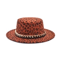 Wollen fedora met luipaardprint, platte rand en een grove gouden kettingband - M (56-58cm) / Bordeauxrood