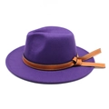 Classic dark purple wool felt fedora hat with brown leather band and white stitching - M (56-58cm) / Purple