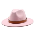 Detail of pink fedora hat with brown faux leather band and visible white stitching - Pink