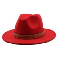 Classic red wool fedora hat with brown leather band and white stitching on white background - M (56-58cm) / Red