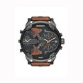 Macro detail of multi-timezone dial with orange accents and dark grey metal case - 7332 Brown Leather Strap