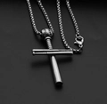 Silver stainless steel necklace with triple baseball bat cross pendant on snake chain - Baseball Cross + Stainless Steel Chain