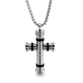 Silver stainless steel cross pendant necklace with black cylinder beads on white background - Steel Color (KN89614-K)