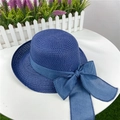 Deep blue woven straw sun hat with large matching chiffon bow for beach vacations - Adjustable M (56-58cm) / Navy Blue