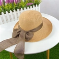 Natural straw beach hat with dark brown lattice ribbon bow for women's summer sun protection - Adjustable M (56-58cm) / Khaki