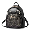 Cute black sequin backpack for women with cat ears and sparkling rhinestone details - Black