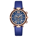 Elegant women's quartz watch with blue leather strap and rose gold date display dial - Blue