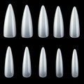 Set of clear stiletto false nail tips in 10 sizes displayed on a black background - Beige