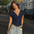 Slim-fit navy blue cowl neck T-shirt with decorative buttons and waist-defining design - S / Navy Blue