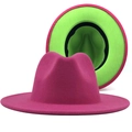 Two-tone wide brim wool felt jazz fedora hat in vibrant magenta and neon green contrast - Rose Red (Fruit Green Lining)
