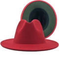 Classic red wool fedora hat with contrast dark green brim lining in elegant jazz style - Red (Army Green Lining)