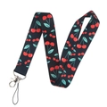 Detail of dark blue polyester lanyard with red cherry print and metal lobster clasp - Navy Blue Cherry