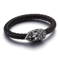 Men's woven black leather bracelet with antique silver lion head metal clasp detail - Silver Lion Head Black With Brown Stitching Style (KB84637-BD)