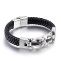 Herren Armband aus geflochtenem schwarzem Leder mit Edelstahl Carbon Magnetverschluss - Schwarzes Leder Stahlfarbe-Stil (KB87229)