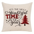 Linen Christmas pillow cover with red buffalo plaid tree and holiday text on beige - Style 18 / 45*45cm (No Core)