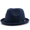 Cappello fedora in lana blu scuro con cinturino in pelle nera e dettaglio teschio - M (56-58cm) / Blu Navy (Fibbia a Teschio in Argento)