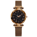 Detalle del reloj de cuarzo con esfera de cielo estrellado azul y malla metálica - Café