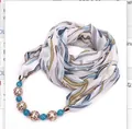 Blue feather print chiffon scarf necklace with rose gold beads and elegant blue pearls - Blue Stripe