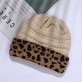 Chic knit beanie with leopard print cuff shown on a textured white background - One Size / Beige