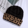 Black acrylic knit beanie with a stylish leopard print cuff for winter outdoor wear - One Size / Gray