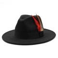 Classic black wool fedora hat with elegant decorative side feathers and flat wide brim - M (56-58cm) / Black