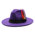Detail of purple wool fedora featuring a black ribbon and colorful decorative feathers - M (56-58cm) / Purple