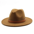 Detailed view of coffee brown wool felt fedora featuring a leather band with white stitching - Light Coffee