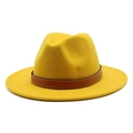 Detail of a bright yellow wool fedora hat with a brown leather decorative band and stitching - M (56-58cm) / Yellow