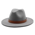 Detail of grey fedora hat with brown leather band and white contrast stitching - Light Gray