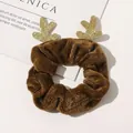 Close-up of brown velvet Christmas scrunchie with golden reindeer antlers detail - Coffee Reindeer Velvet Scrunchie