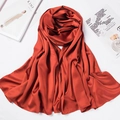 Brick red matte satin silk bawal scarf 110x110cm displayed with a magazine and perfume - 180*70cm / Rust red