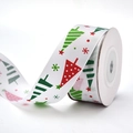 White Christmas ribbon with green and red trees printed on a ribbed fabric spool - White Ribbon with Christmas Trees (9m)