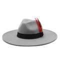 Close-up of grey wool fedora hat featuring a bright orange feather and black band - M (56-59cm) / Gray