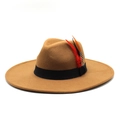 Classic camel wool fedora hat with black ribbon band and vibrant feather decorations - M (56-59cm) / Light Coffee