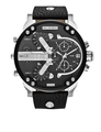 Big face quartz watch for men with black leather strap and steel multi-dial - 7313 Silver Black Leather Strap