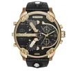 Men's large gold stainless steel quartz watch with black leather strap and four time zones - 7333 Full Gold Leather Strap