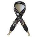 Floral crossbody strap with gold metal buckles and leather ends on white background - Gold Buckle / Black & White Flowers + Black Leather